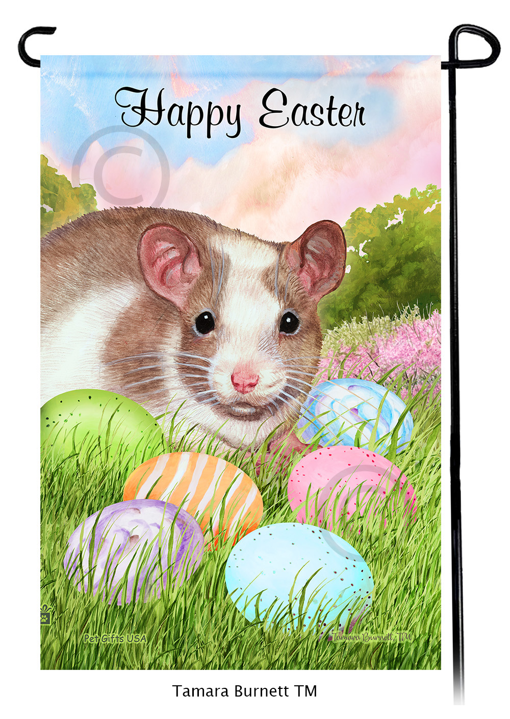 Rat Tan and White Pied Happy Easter Garden Flag image
