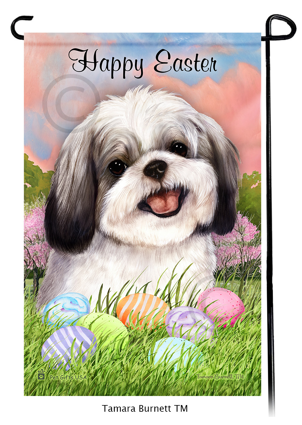 Shih Tzu Silver and White Happy Easter Garden Flag image Shih Tzu Silver and White Happy Easter Garden Flag image
