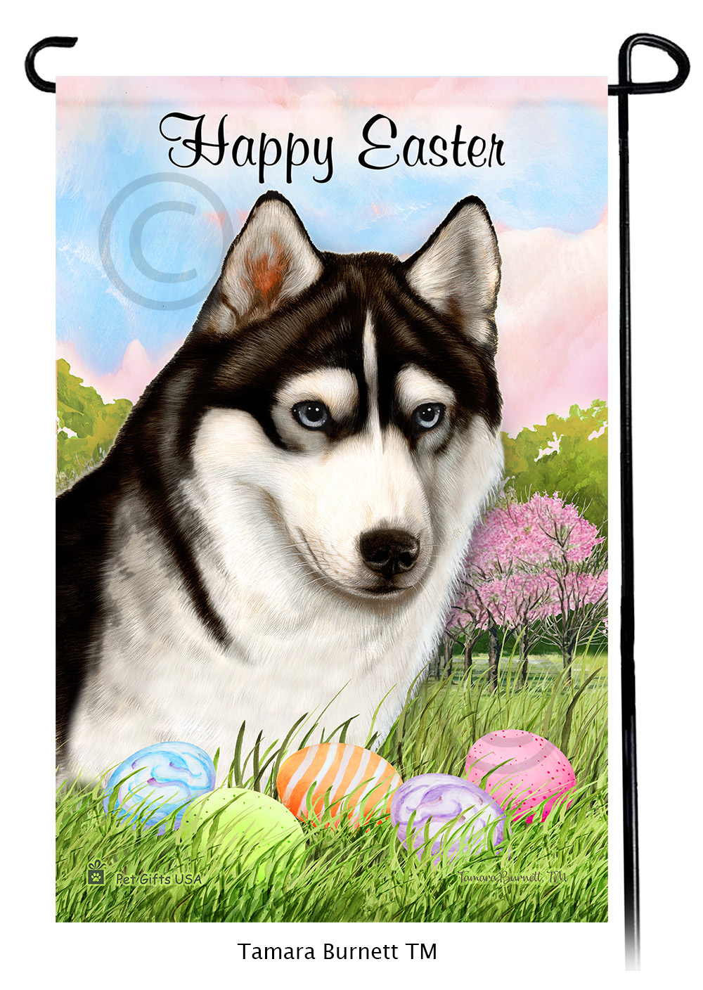Siberian Husky Blue Eye Black and White Happy Easter Garden Flag image Siberian Husky Blue Eye Black and White Happy Easter Garden Flag image