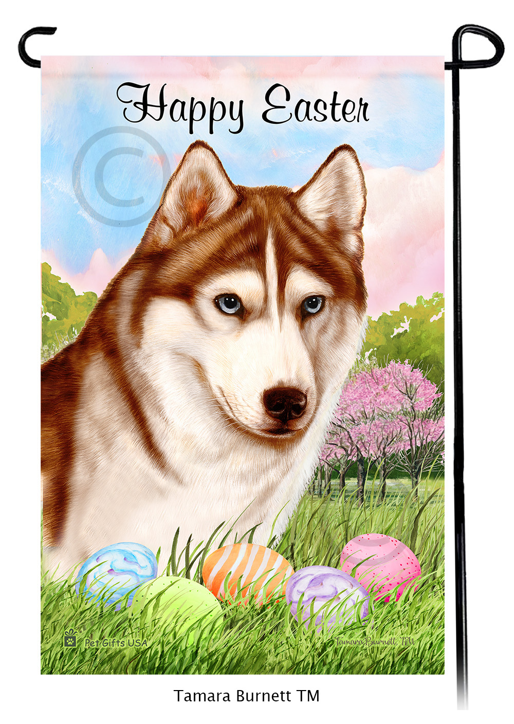 Siberian Husky Blue Eye Red and White Happy Easter Garden Flag image Siberian Husky Blue Eye Red and White Happy Easter Garden Flag image