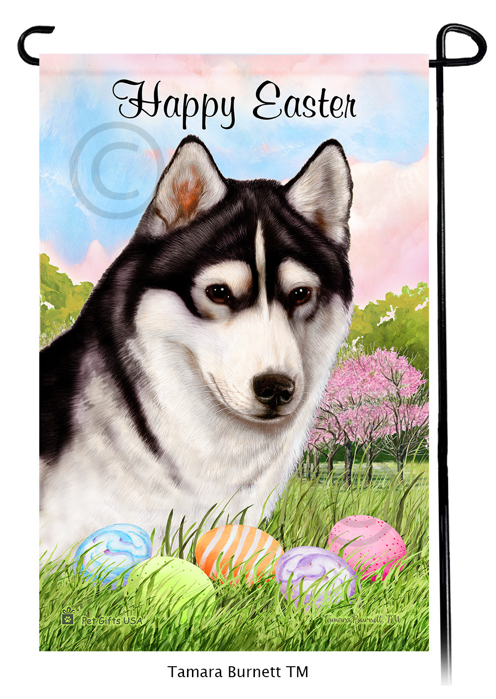 Siberian Husky Brown Eye Black and White Happy Easter Garden Flag image Siberian Husky Brown Eye Black and White Happy Easter Garden Flag image