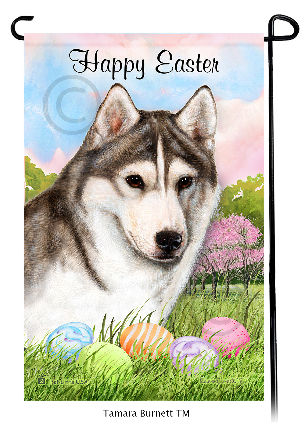 Siberian Husky Brown Eye Grey and White Happy Easter Garden Flag image Siberian Husky Brown Eye Grey and White Happy Easter Garden Flag image
