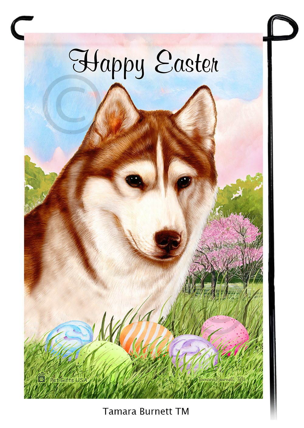 Siberian Husky Brown Eye Red and White Happy Easter Garden Flag image Siberian Husky Brown Eye Red and White Happy Easter Garden Flag image