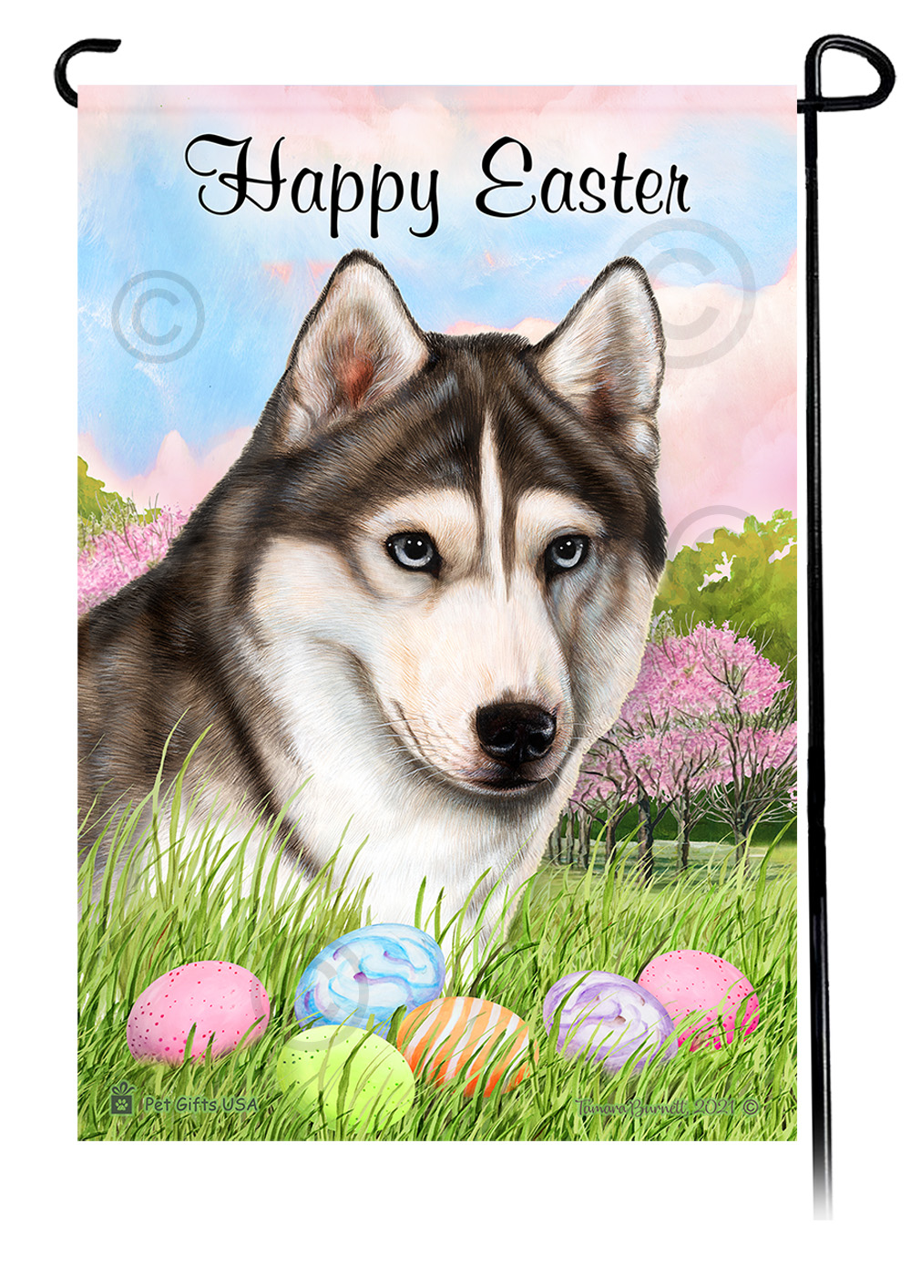 Siberian Husky Grey and White Blue Eyes Happy Easter Garden Flag image Siberian Husky Grey and White Blue Eyes Happy Easter Garden Flag image