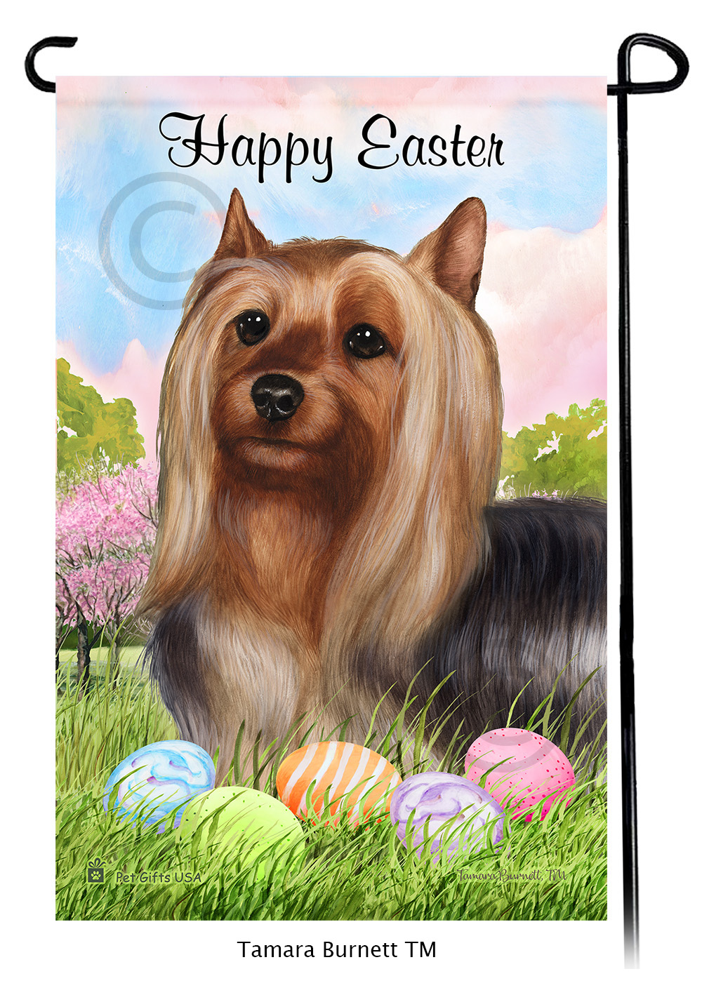 Silky Terrier  Happy Easter Garden Flag image