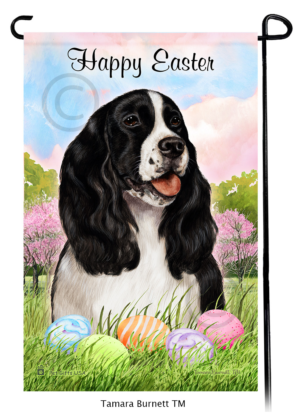 Springer Spaniel Black Happy Easter Garden Flag image Springer Spaniel Black Happy Easter Garden Flag image