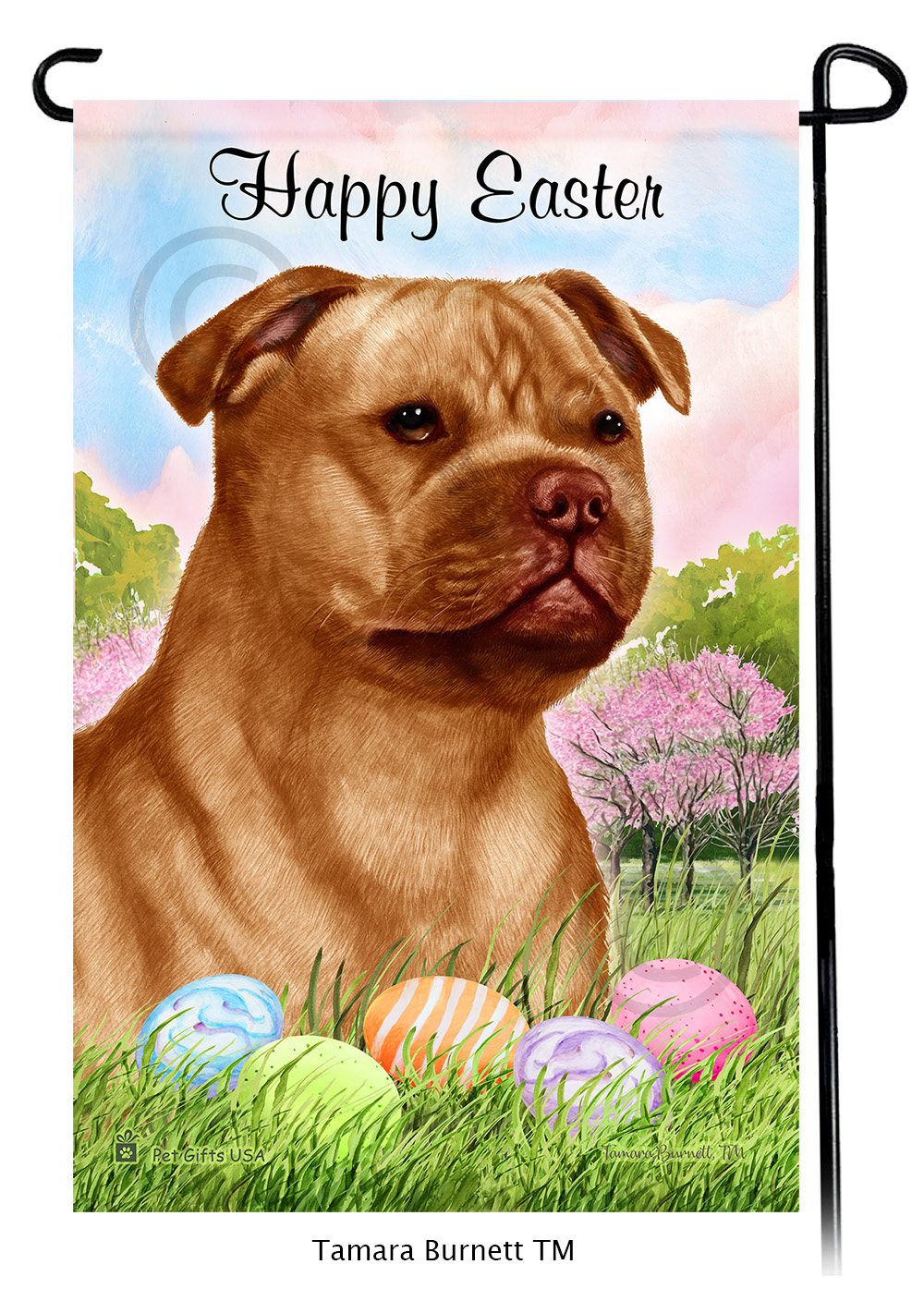 Staffordshire Terrier Orange  Happy Easter Garden Flag image