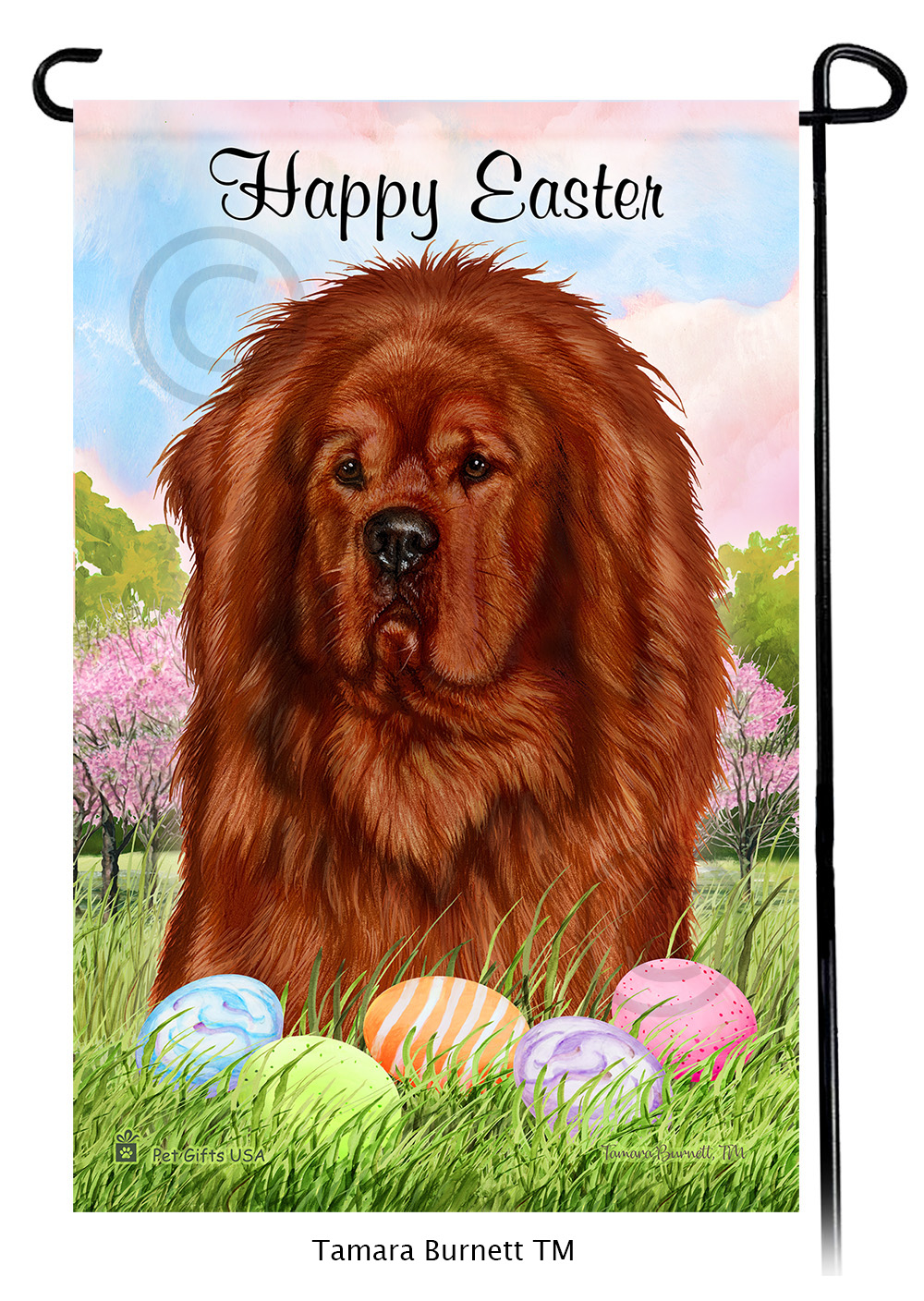 Tibetan Mastiff Red Happy Easter Garden Flag image