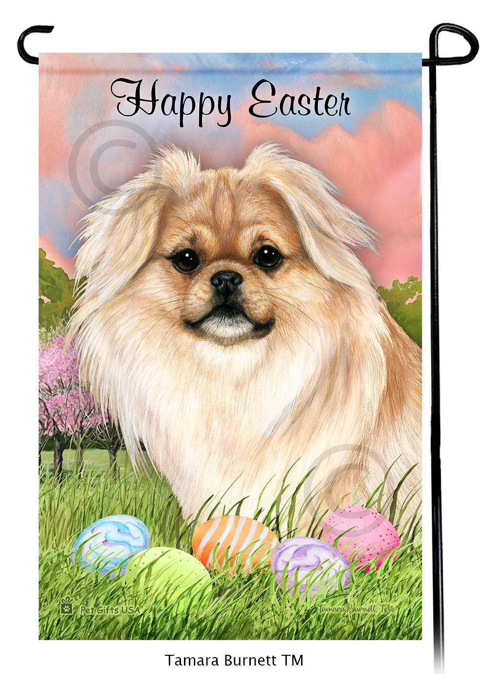 Tibetan Spaniel Cream  Happy Easter Garden Flag image
