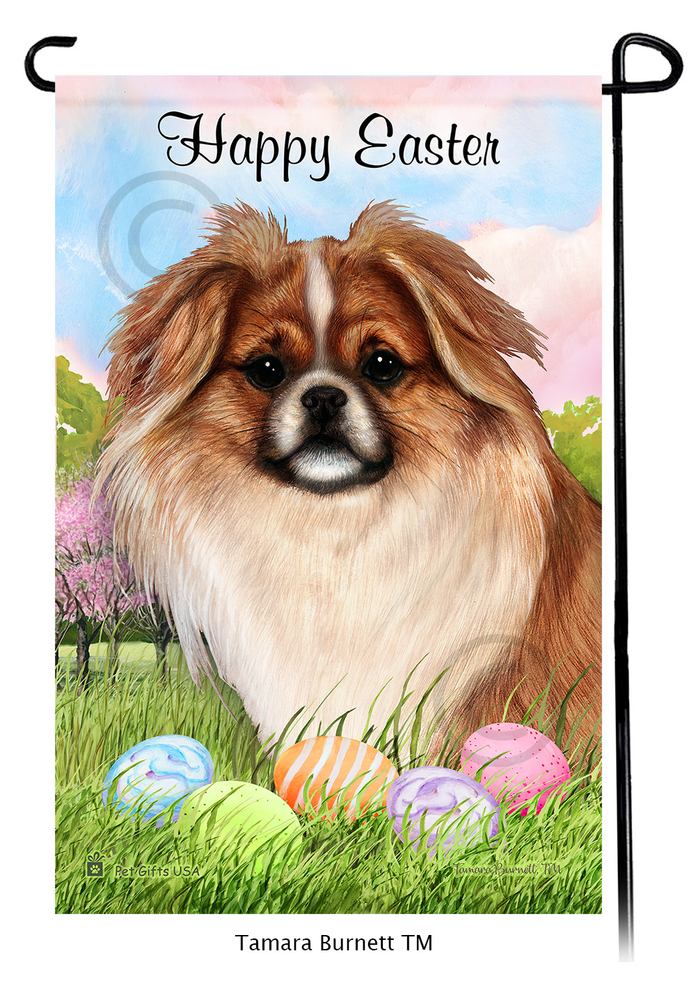 Tibetan Spaniel Fawn and White  Happy Easter Garden Flag image