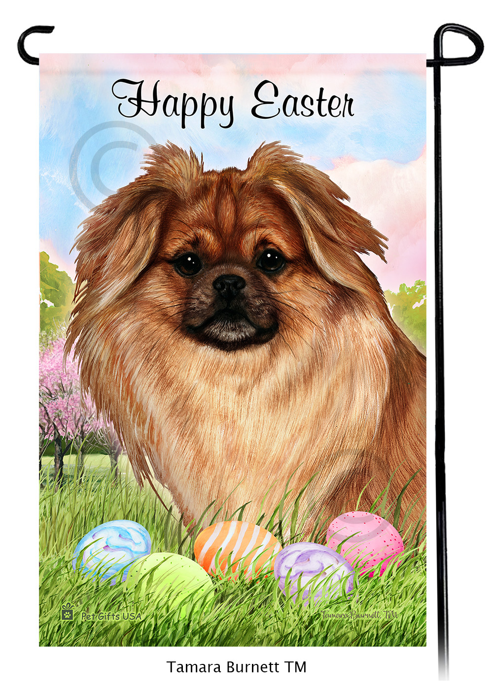 Tibetan Spaniel Fawn Sable  Happy Easter Garden Flag image