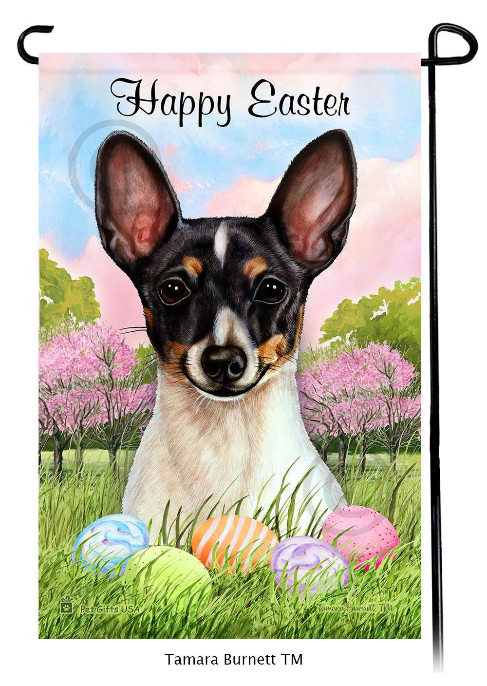 Toy Fox Terrier Black Tri Happy Easter Garden Flag image