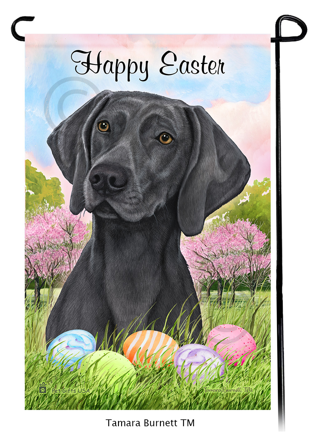 Weimaraner Dark Blue Happy Easter Garden Flag image