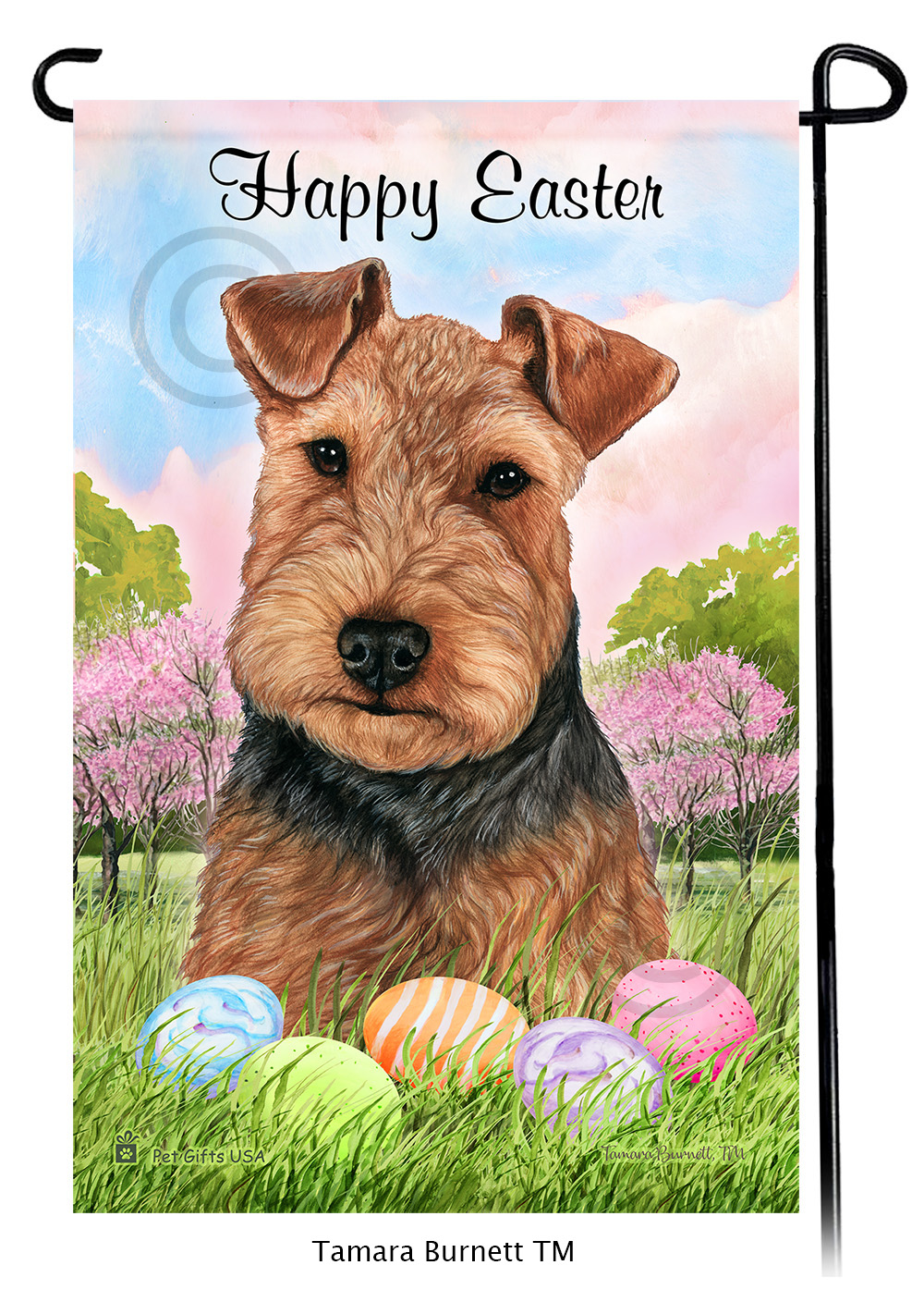 Welsh Terrier Black and Tan Happy Easter Garden Flag image