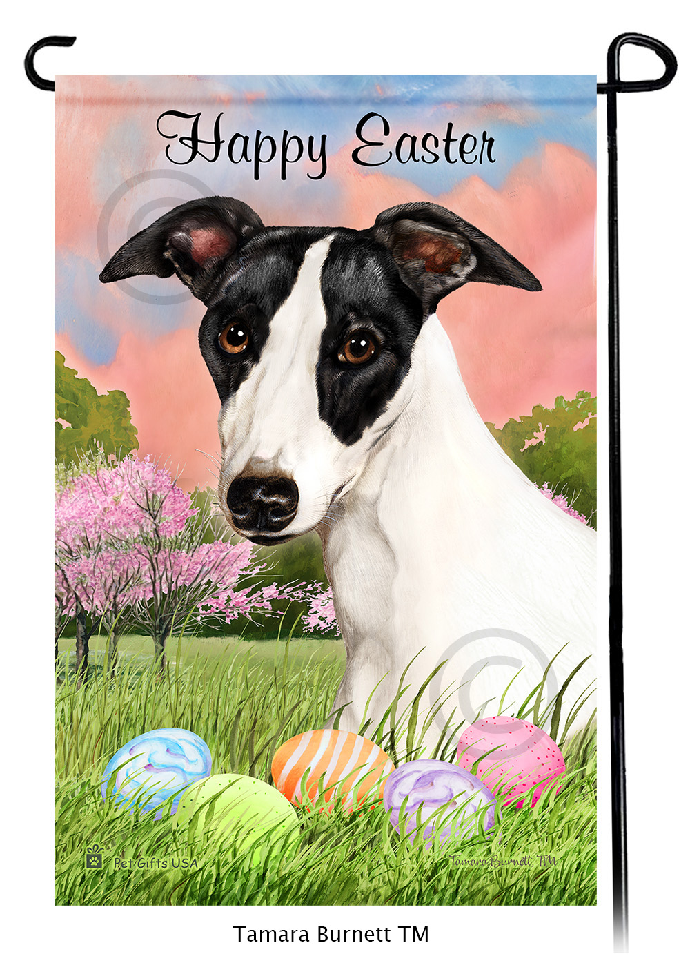 Whippet Black and White  Happy Easter Garden Flag image