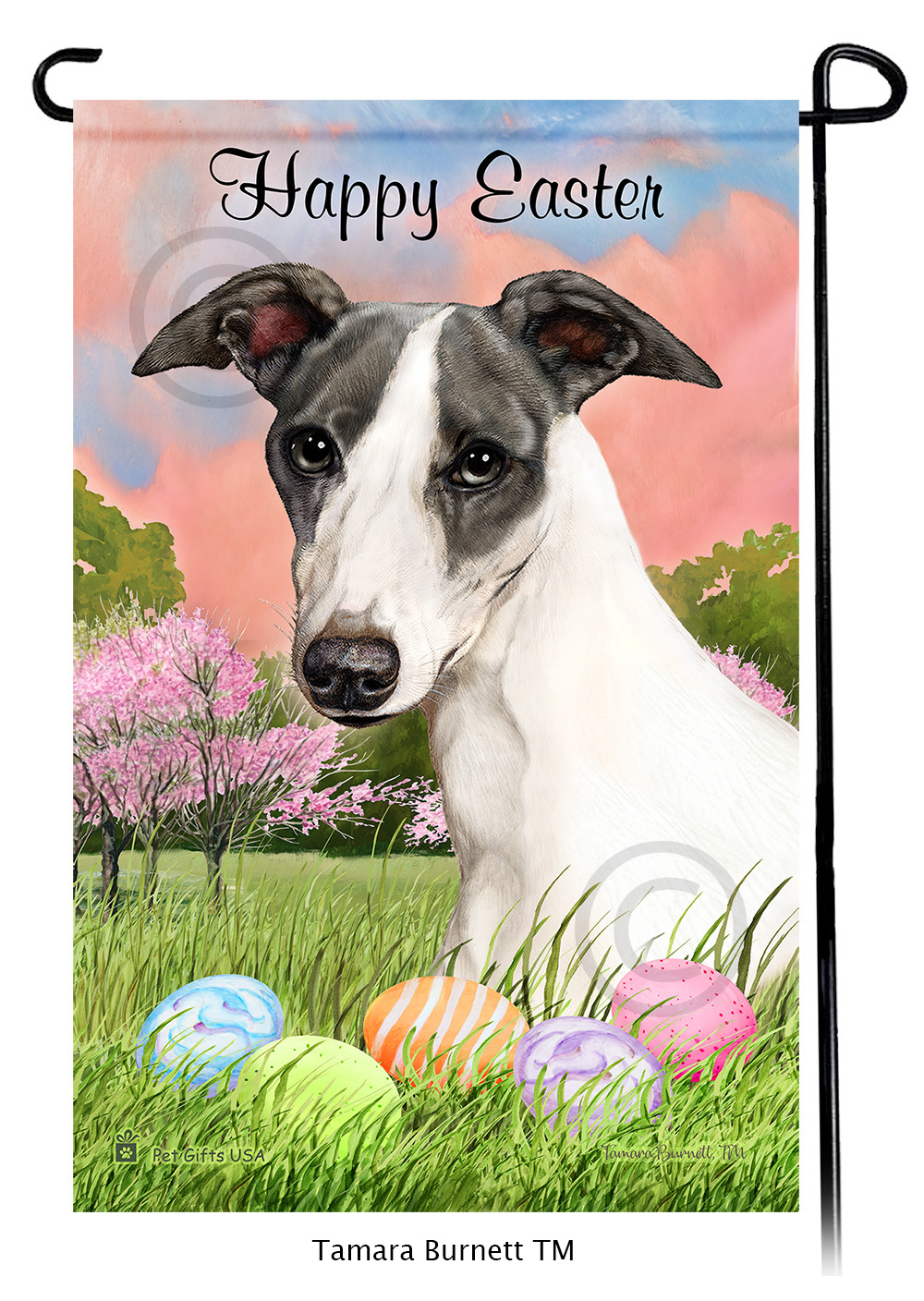 Whippet Blue and White  Happy Easter Garden Flag image