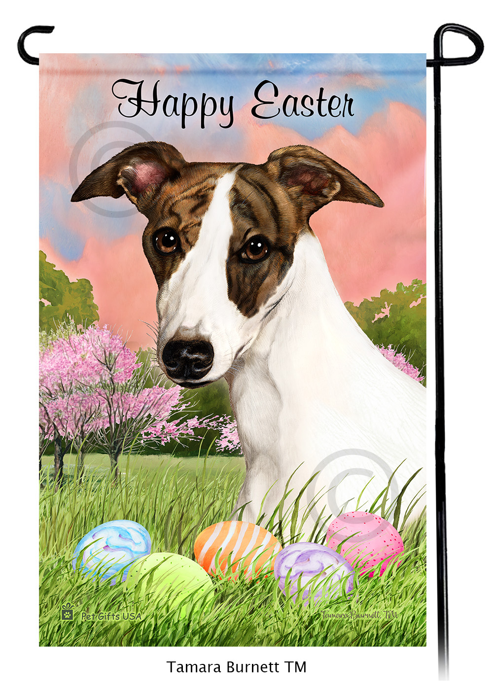 Whippet Dark Brindle and White  Happy Easter Garden Flag image
