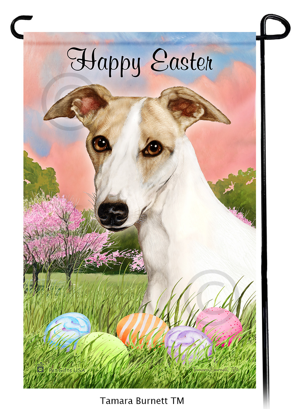 Whippet Fawn and White  Happy Easter Garden Flag image