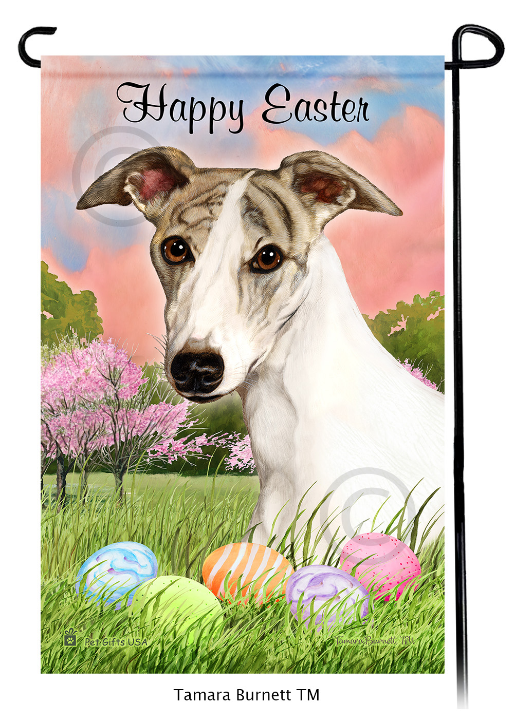 Whippet Fawn Brindle and White  Happy Easter Garden Flag image