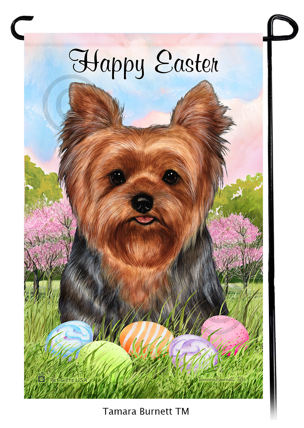Yorkie Adult Natural Coat 2 Happy Easter Garden Flag image