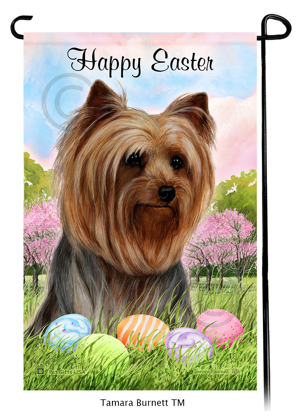 Yorkie Adult Natural Coat Happy Easter Garden Flag image