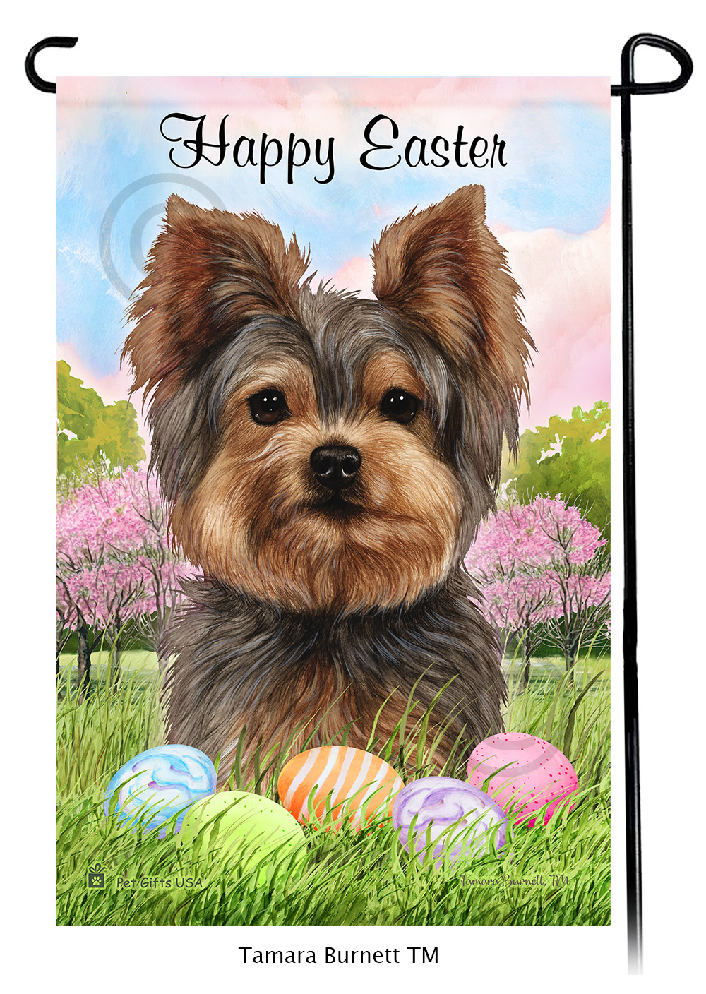 Yorkie Adult Short Coat Happy Easter Garden Flag image
