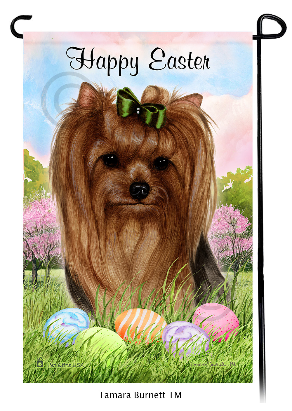 Yorkie Adult Show Coat LH Happy Easter Garden Flag image