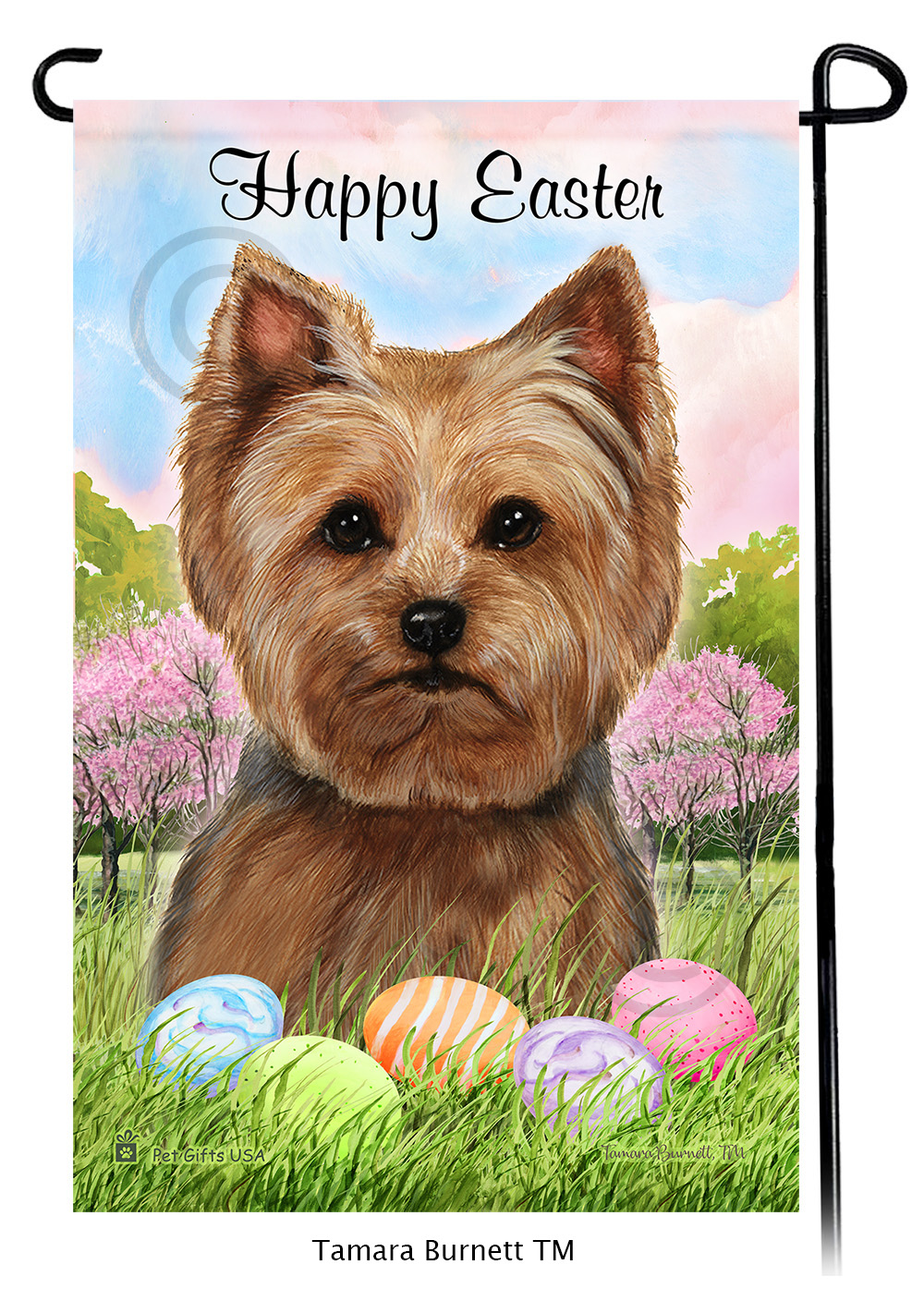 Yorkie Light aka Adult Short Coat Happy Easter Garden Flag image