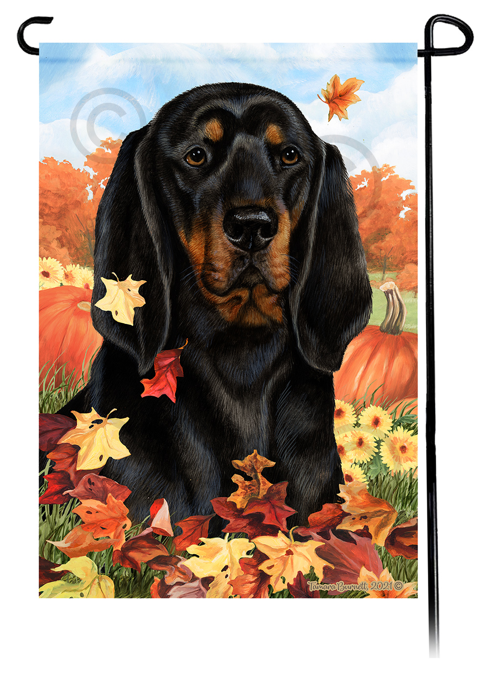 Coonhound Black & Tan Falling Leaves - Garden Flag image