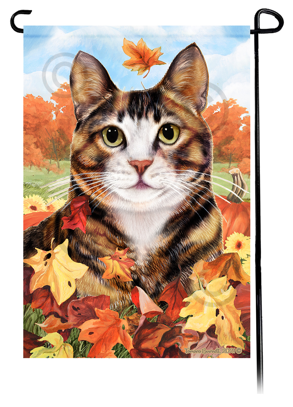 Tuxedo Tortoiseshell & White Falling Leaves - Garden Flag image