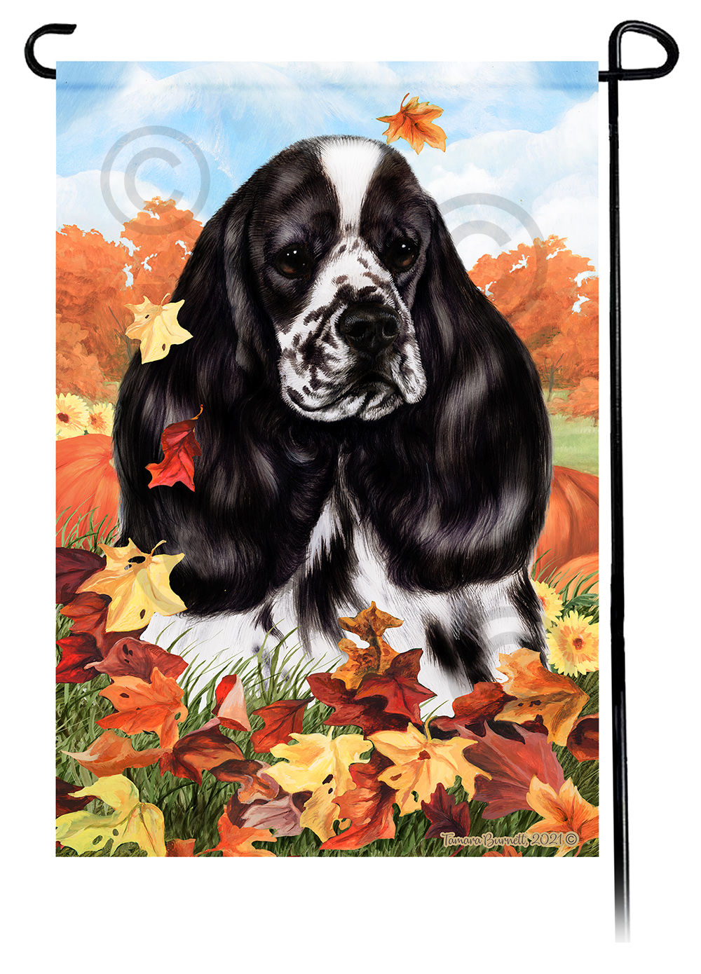 Cocker Spaniel Black & White Parti Falling Leaves - Garden Flag image