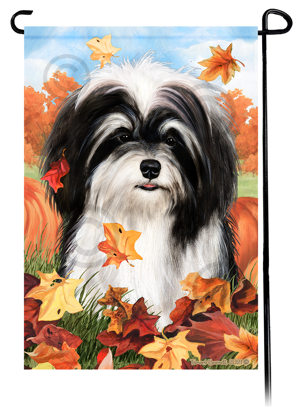Havanese Black & White Falling Leaves - Garden Flag image
