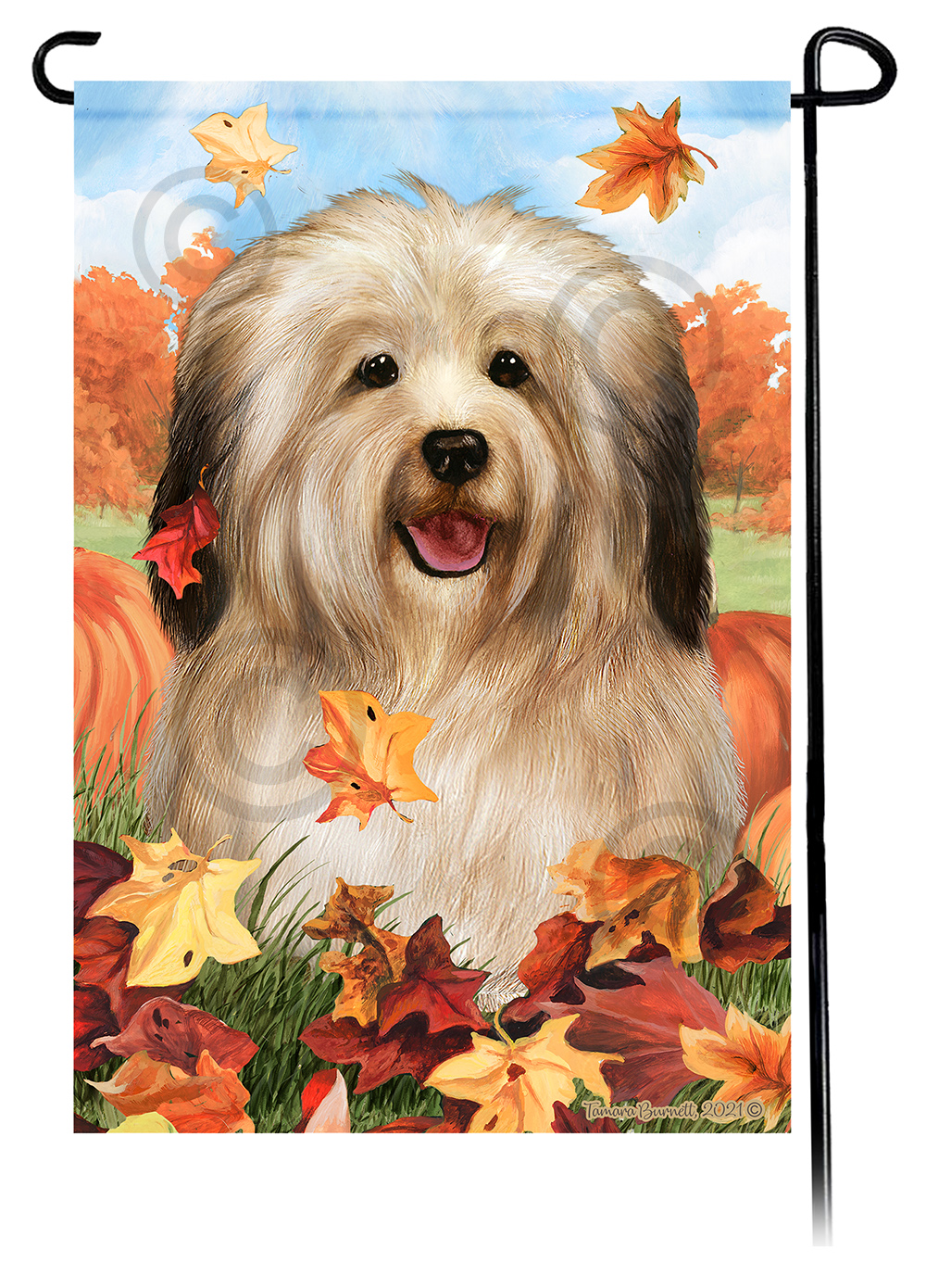 Havanese Cream Sable (Long) Falling Leaves - Garden Flag Image