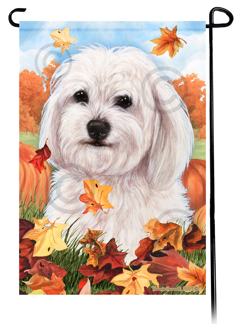 Havanese White Falling Leaves - Garden Flag Image