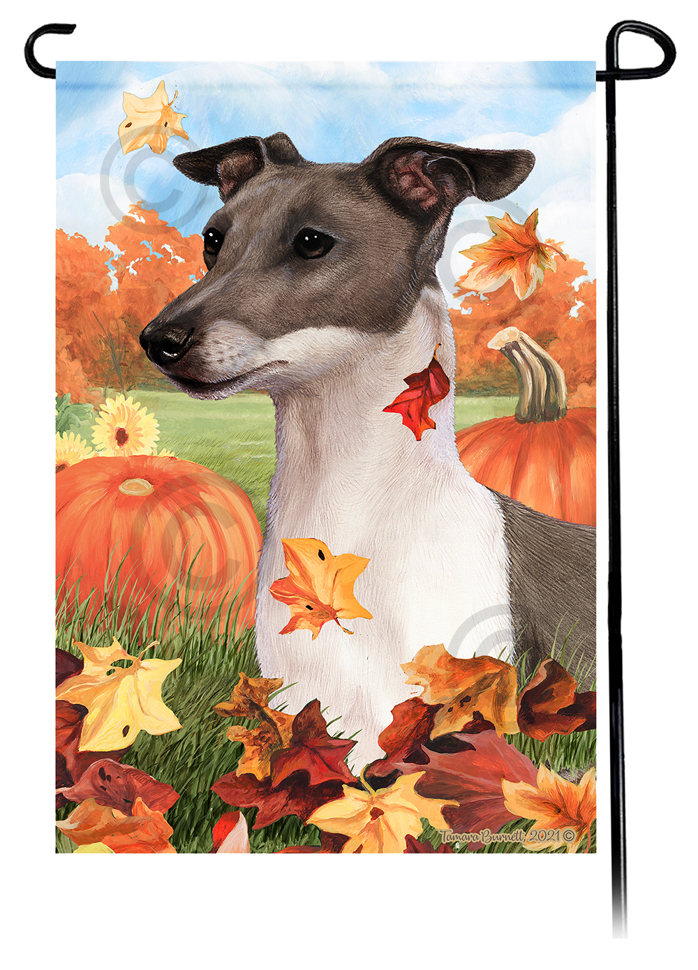 Italian Greyhound Grey & White Falling Leaves - Garden Flag image