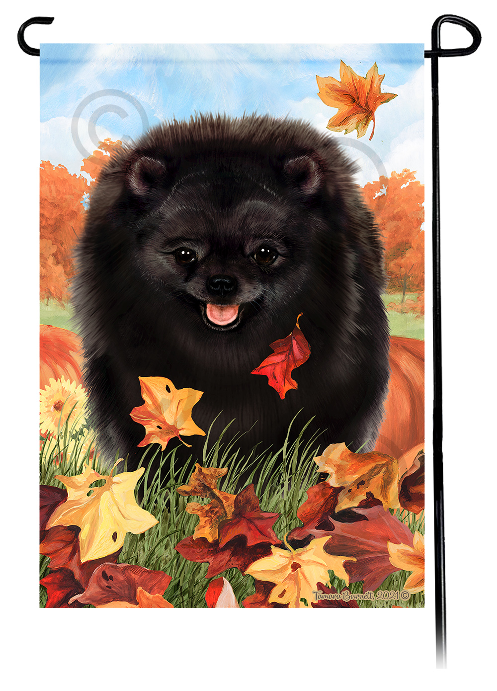 Pomeranian Black Falling Leaves - Garden Flag Image
