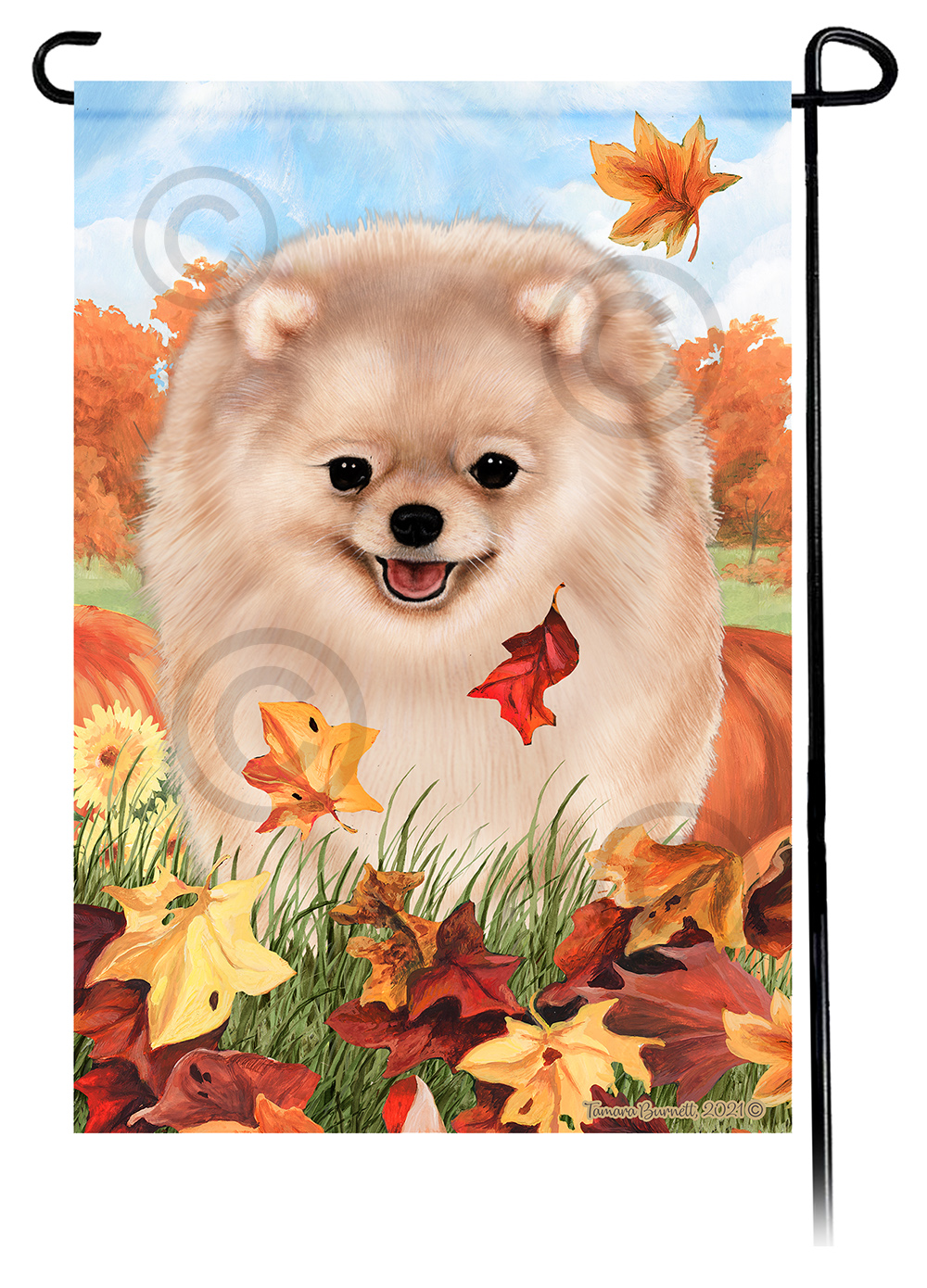 Pomeranian Cream Falling Leaves - Garden Flag Image