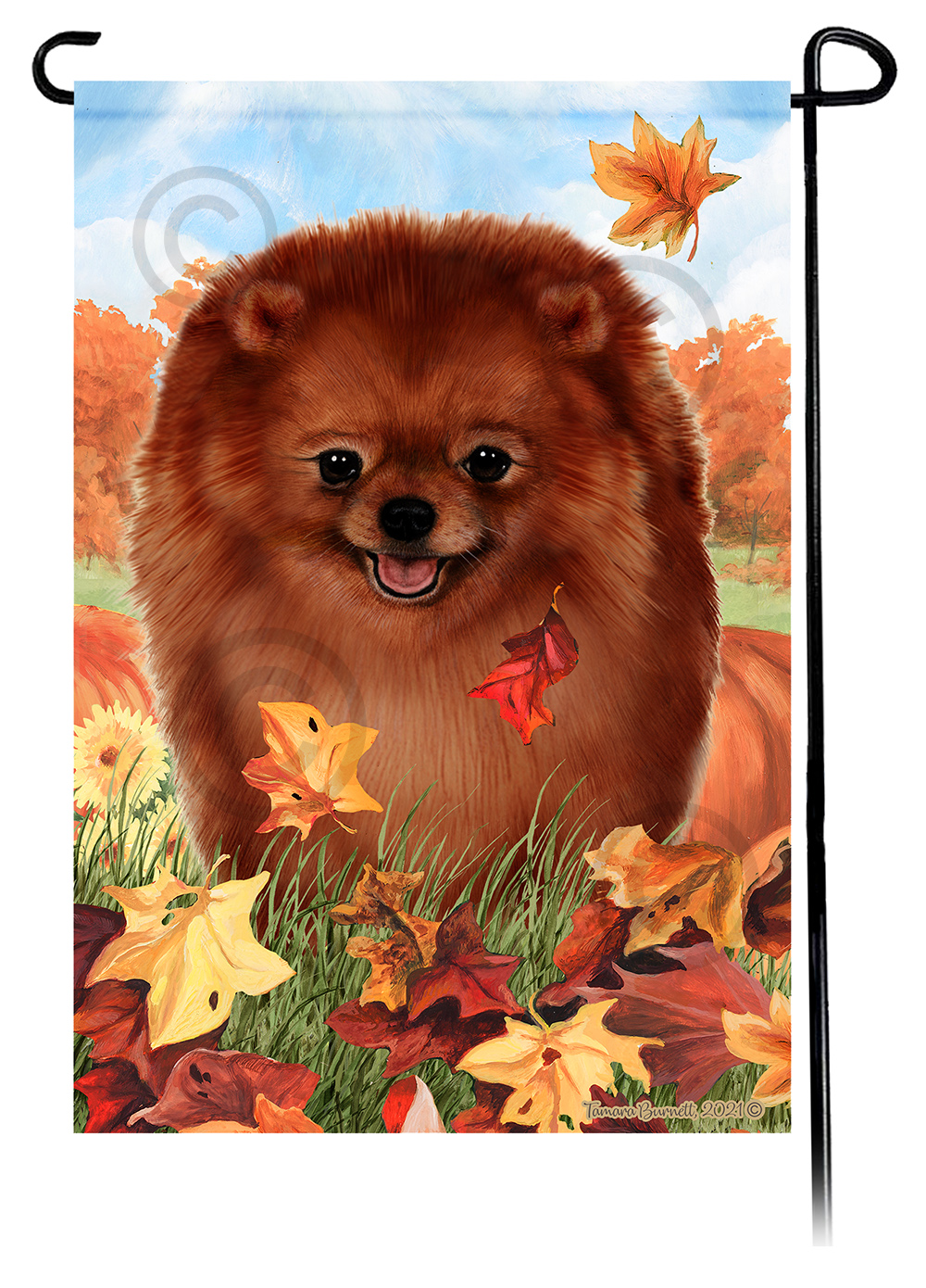 Pomeranian Red Falling Leaves - Garden Flag Image