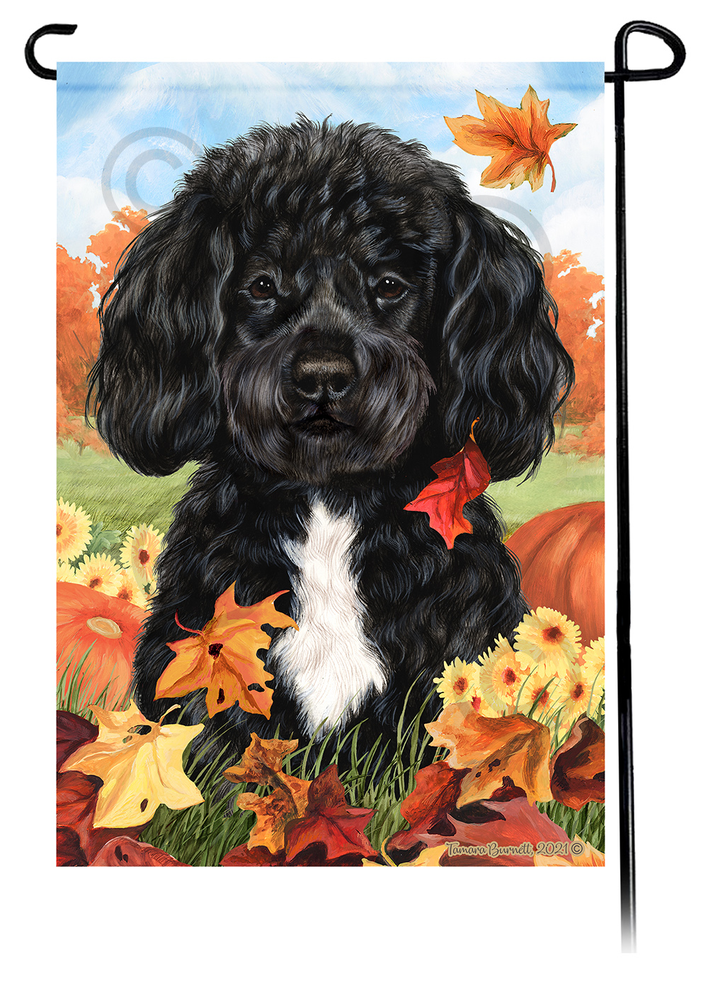Portuguese Water Dog Black Bearded Falling Leaves - Garden Flag image