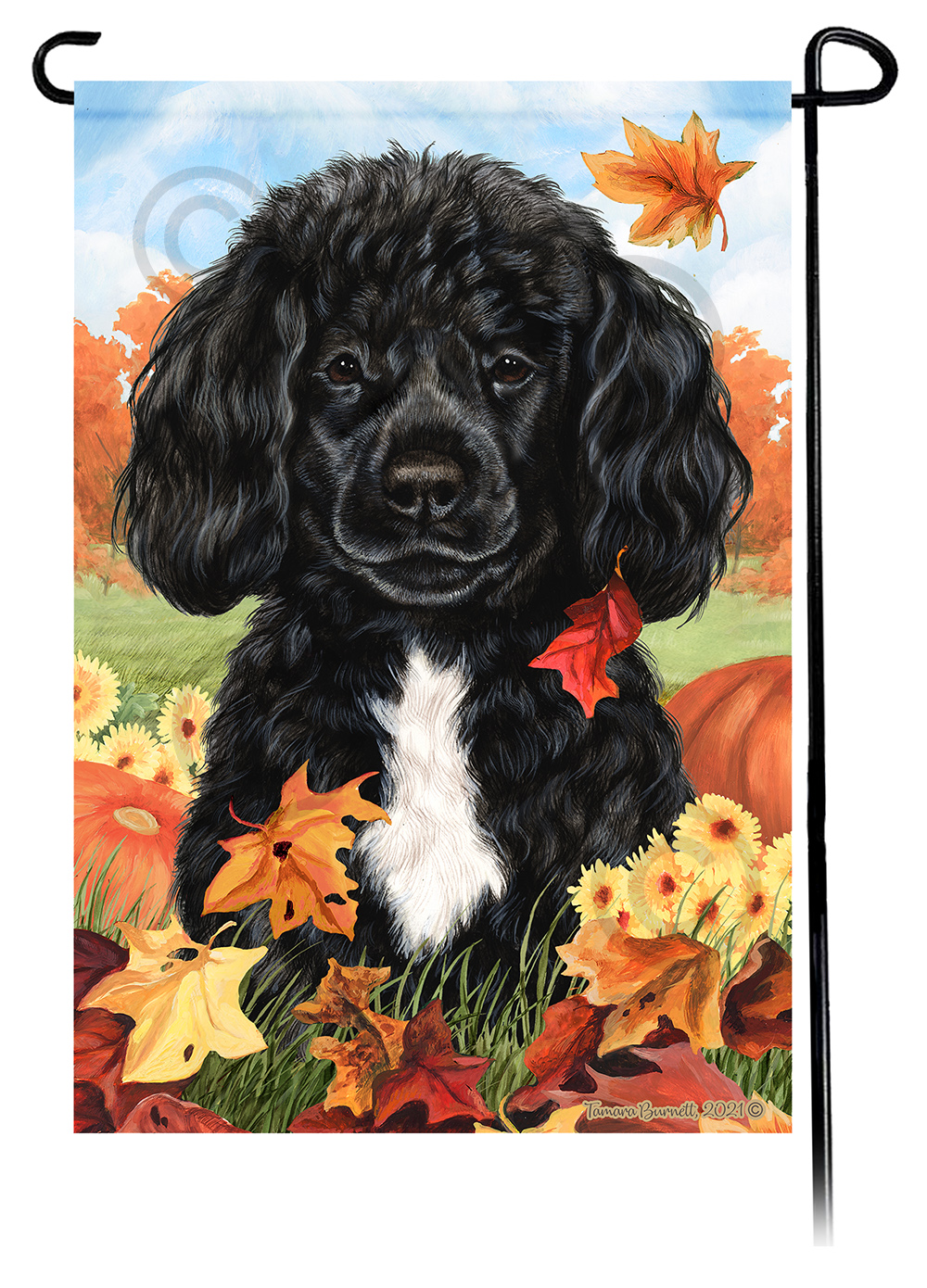Portuguese Water Dog Black Beardless Falling Leaves - Garden Flag image