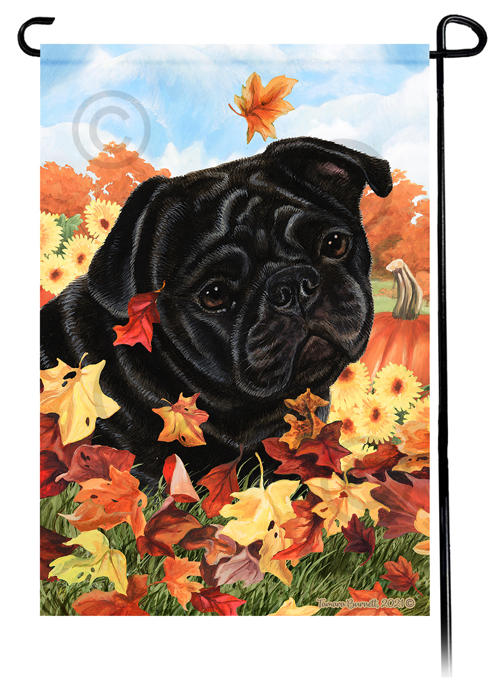 Pug Black Falling Leaves - Garden Flag Image