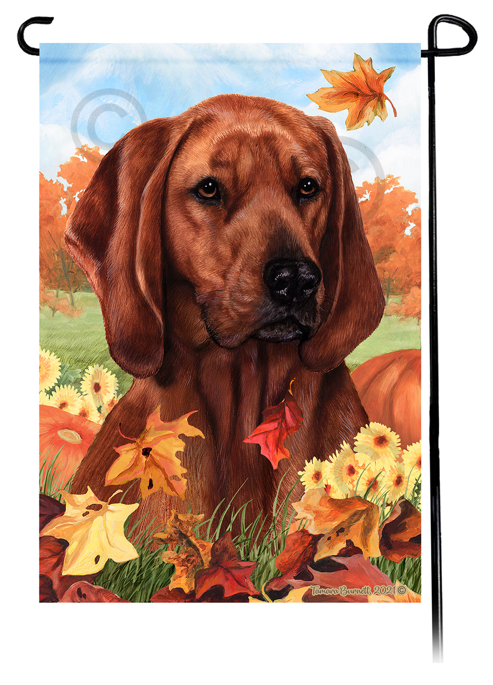 Coonhound Redbone Falling Leaves - Garden Flag image