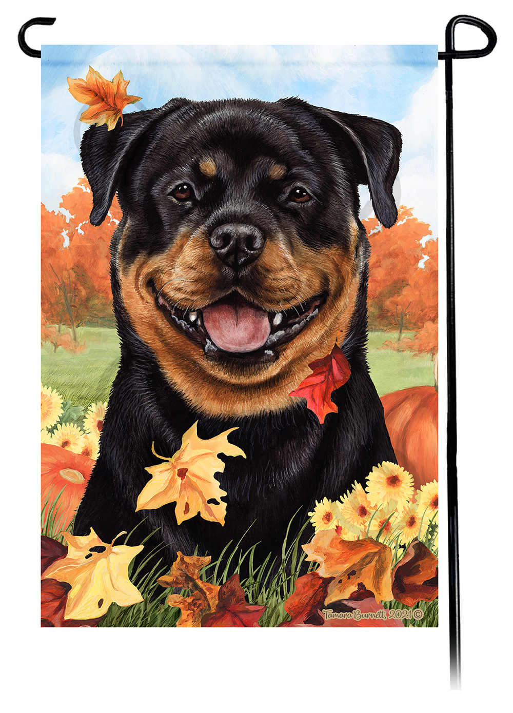 Rottweiler Falling Leaves - Garden Flag Image