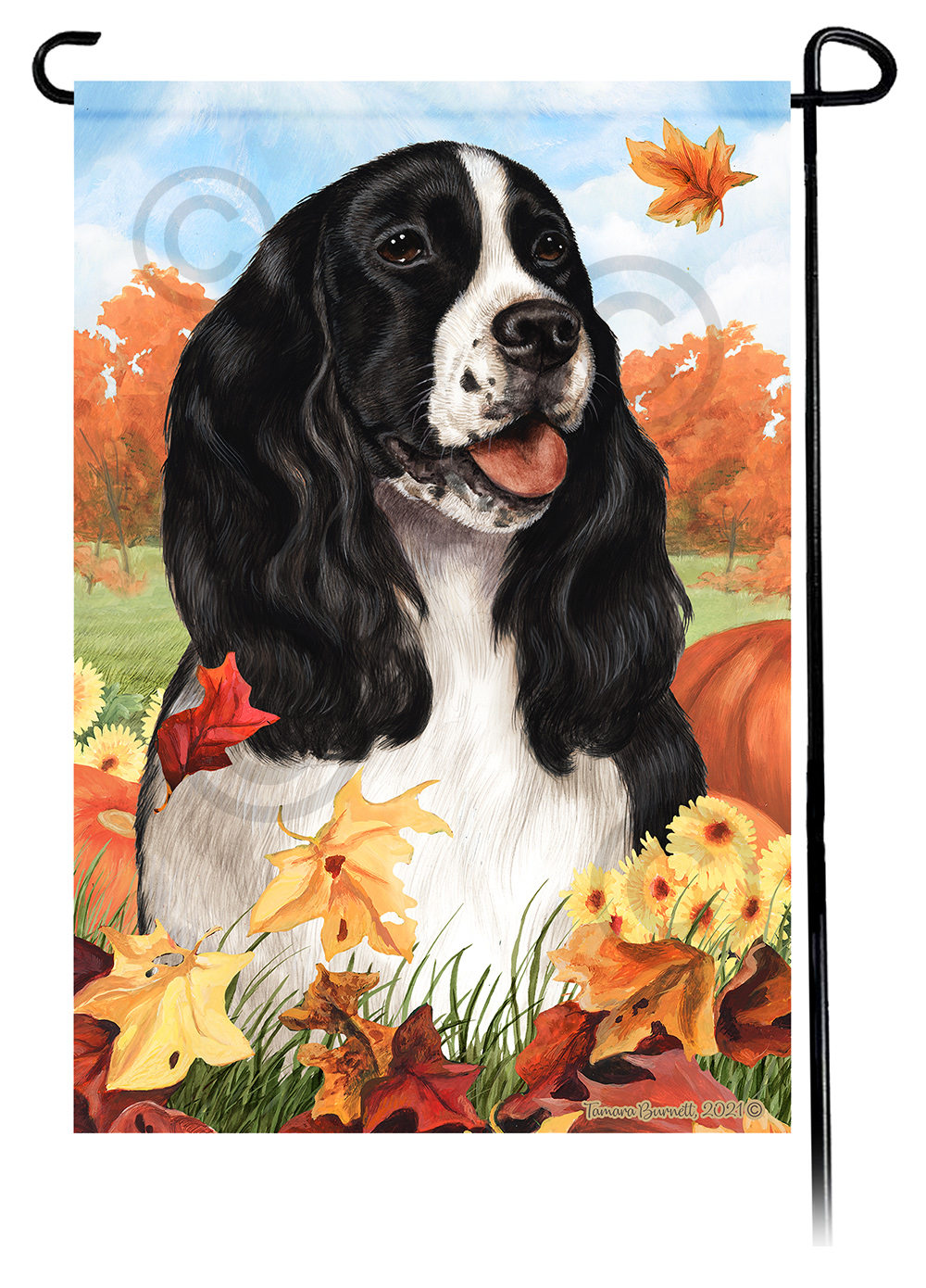 Springer Spaniel Black & White Falling Leaves - Garden Flag image