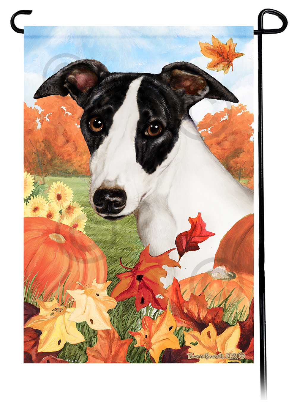 Whippet Black & White Falling Leaves - Garden Flag image