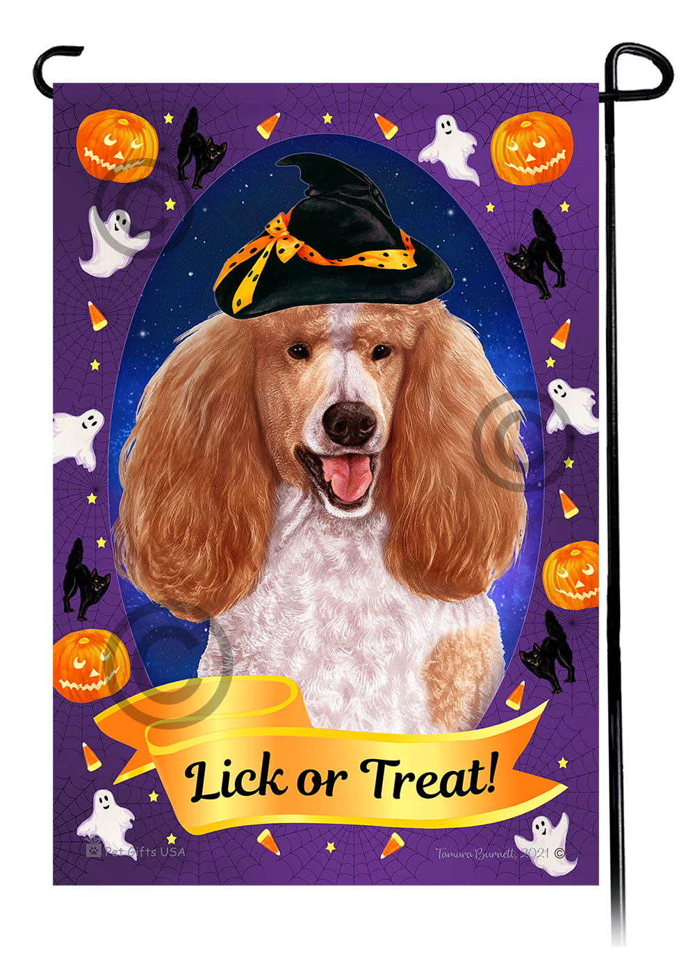An image of product 32940 - Poodle Standard (Apricot and White Parti) - Halloween Howls Garden Flag