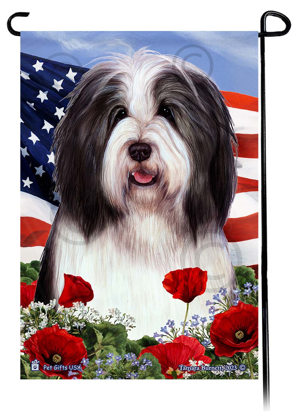 Bearded Collie Black and White - Patriotic Flowers Garden Flag image