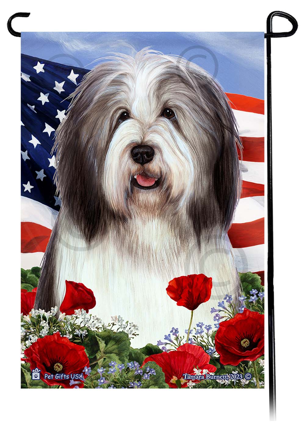 Bearded Collie Gray and White - Patriotic Flowers Garden Flag Image
