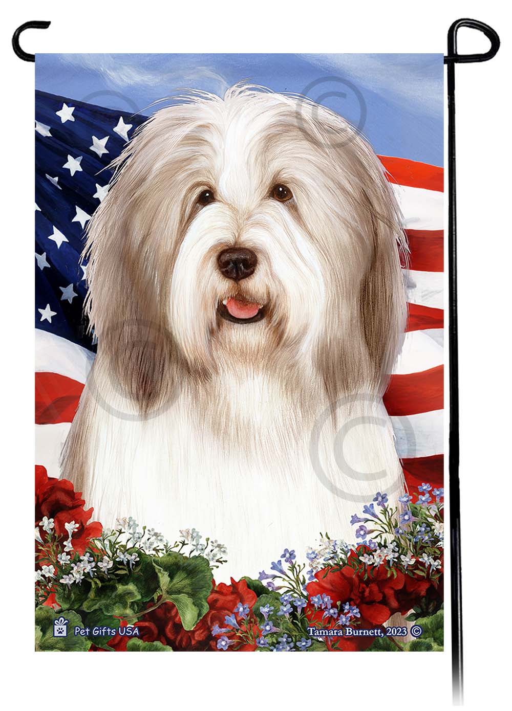 Bearded Collie Light Liver and White - Patriotic Flowers Garden Flag Image