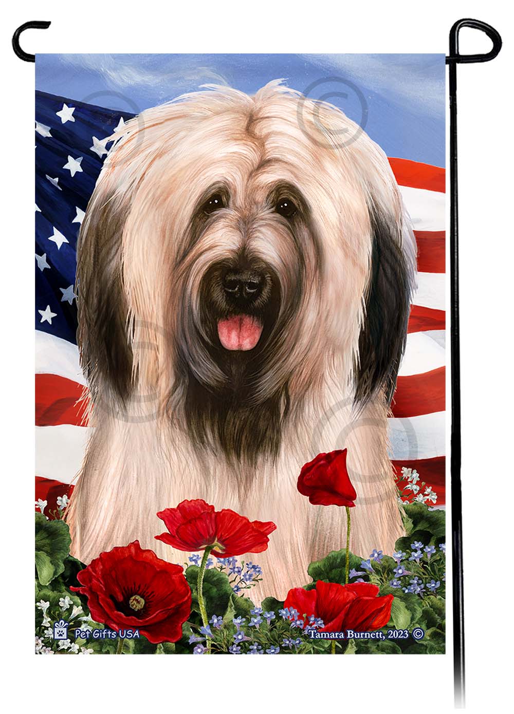 Briard Light Fawn Uncropped - Patriotic Flowers Garden Flag image